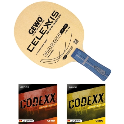 GEWO Schläger: Holz Celexxis Hinoki Ex-Carbon OFF mit Codexx Pro55 + Pro53 SuperSelect